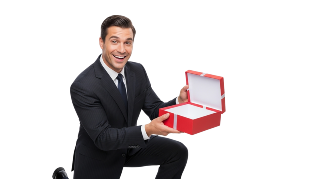 Professional businessman in a suit standing in an office is holding a gift box while looking at the computer laptop, working on the internet with a smile