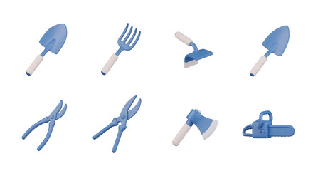 Set of blue gardening tools isolated on transparent background