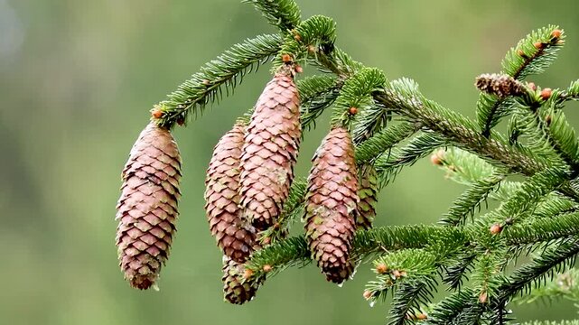 Ripe brown hanging cones of the Spruce tree, Picea, in windless weather and dripping with rainwater from rain falling vertically against a hazy green background