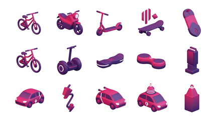 Collection of various transportation vehicles isolated on transparent background