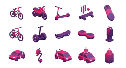 Collection of various transportation vehicles isolated on transparent background