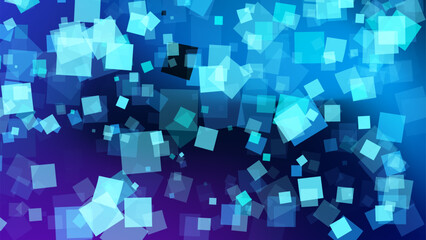 Colorful abstract geometric shapes create a dynamic visual effect in a tranquil blue and purple background