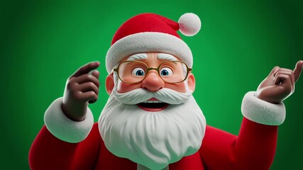 Animated santa claus expressing joyful and playful emotions with hand gestures on green background