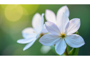 Naklejka premium delicate white flowers with pointed petals, set against a softly blurred green background. 