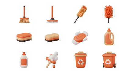 Set of orange cleaning supplies isolated on transparent background