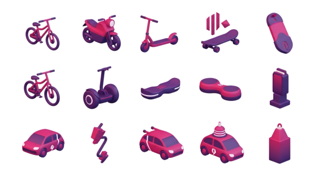 Collection of various transportation vehicles isolated on transparent background