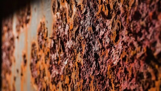 Dynamic close-up texture of weathered metal showing intricate rust patterns and decay, hinting at industrial history and natural transformation