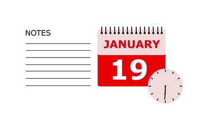 January 19 Calendar white color Animation, with Free for Notes and Writing element. White background 4k video.