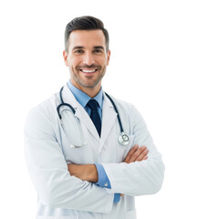 Fototapeta premium Smiling male physician wearing white lab coat and stethoscope with arms crossed isolated on transparent background