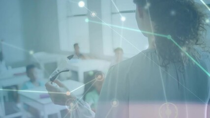 Teacher removing glasses and gesturing to class while nodes animating for digital selection - Powered by Adobe