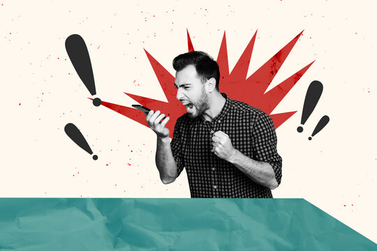 Sketch artwork banner creative collage of angry man scream phone bullying tension abuse stereotype problem hater cyberbully