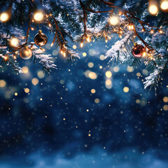 Snowy Christmas tree branches decorated with ornaments and glowing lights