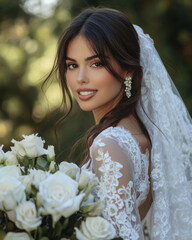 Bride with bouquet of white roses in garden setting during daylight