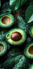 Freshly sliced avocados with droplets on wooden surface, showcasing vibrant green color