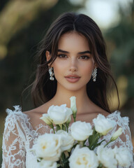 Bride holding white roses in outdoor wedding setting with soft natural light