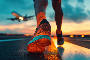 Runner in sporty shoes on runway at sunset with airplane taking off in background