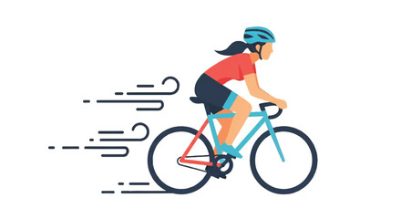 Fototapeta premium A woman wearing a helmet rides a bicycle with motion lines indicating speed against a clean white background.
