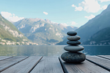 Stacked stones on wooden dock by mountain lake under blue sky