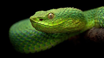 Obraz premium Extreme Close-Up of a Vibrant Green Viper's Textured Scales and Piercing Golden Eye