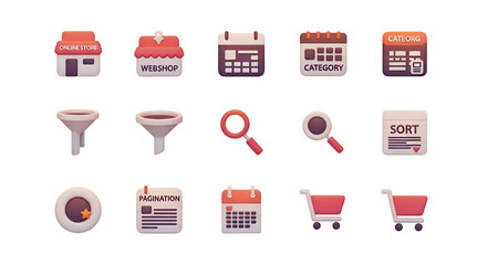 Set of 15 ecommerce and business icons isolated on transparent background