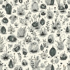 Nature-Inspired Illustration of Diverse Plants and Flora, Artistic Design, Botanical Landscape, Minimalist Aesthetic