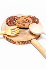 stuck of chocolate brownie cookies on wooden background. Homemade pastry.
