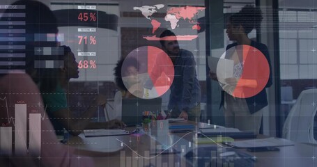 Presenter rising at table, colleagues looking up, business charts animating guiding discussion - Powered by Adobe