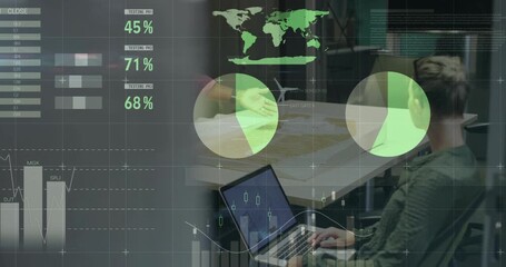 Senior consultant swiping transparent glass panel pie charts guiding manager finance data update