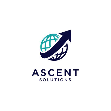 Ascent Solutions logo featuring a stylized globe with an upwardpointing arrow symbolizing growth and global reach.