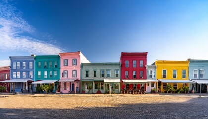 colorful historic storefronts line a quaint street under a clear sky showcasing charming small businesses and vibrant architecture