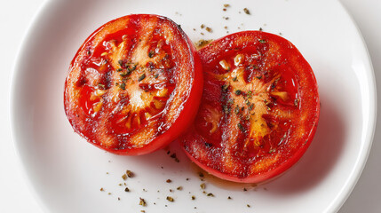 Gegrillte Tomatenhälften mit Kräutern auf weißem Teller