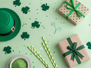 Festive st patricks day flat lay with green hat shamrock confetti gifts and green straws on a light green background