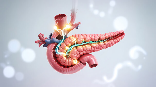 Detailed 3d rendering of human pancreas anatomy and ductal system