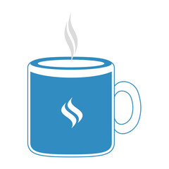 Blue ceramic mug with steaming hot beverage and a stylized flame icon isolated on transparent background