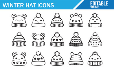 Collection of winter hats, wool caps, and knitted beanies in outline style