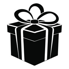 Solid black silhouette shows a wrapped present box with a decorative ribbon bow