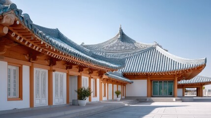 Fototapeta premium Traditional Korean Temple Architecture With Ornate Roof Details and Dragon Sculptures Under a Clear Blue Sky on a Sunny Day