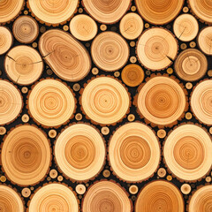 A seamless background featuring a large stack of wooden stumps cut in cross-section, showing natural tree rings and textures. The logs are arranged tightly together.