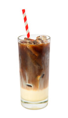 Refreshing iced coffee mocha in a tall glass isolated on a white background.