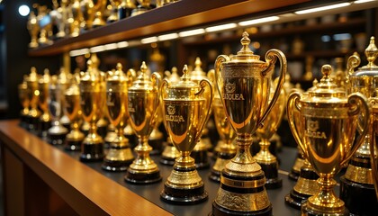 This dazzling trophy display showcases a stunning collection of shining gold and silver trophies, symbolizing the victories and achievements of the most successful individuals and teams.