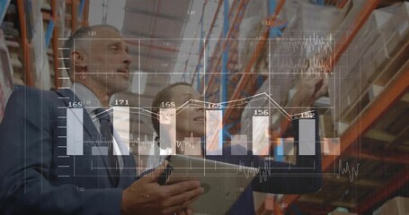 Woman pointing shelf and man holding tablet reviewing inventory while charts fluctuating over data - Powered by Adobe