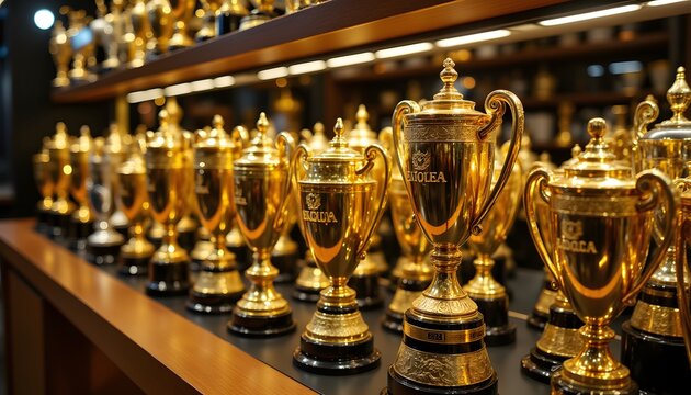 This dazzling trophy display showcases a stunning collection of shining gold and silver trophies, symbolizing the victories and achievements of the most successful individuals and teams.