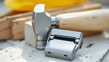A close up image of a modern construction tool featuring a hammer resting on a concrete block, alongside a safety razor, all set against a bright background