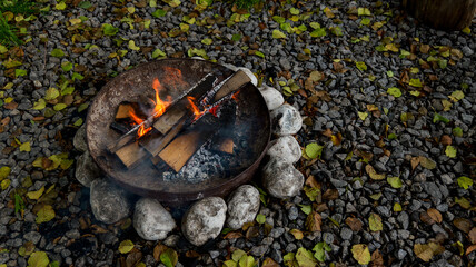 Cozy campfire burning with flames and firewood surrounded by stones and leaves