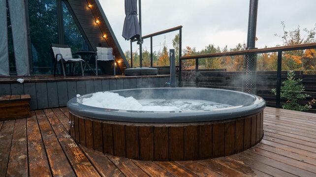Outdoor hot tub on a wooden deck with a view of the forest