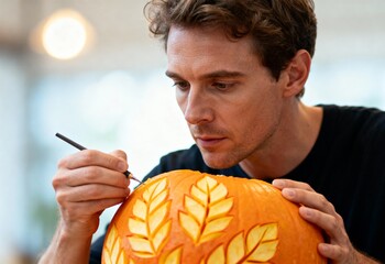 Man carefully carving a detailed leaf pattern on a pumpkin. Autumn holiday craft and Halloween preparation. Creative hobby and DIY decoration