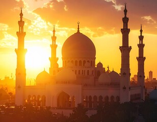 Majestic mosque at golden sunset