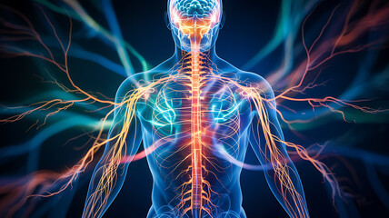 Nervous system and energy flow through human body anatomy visualization