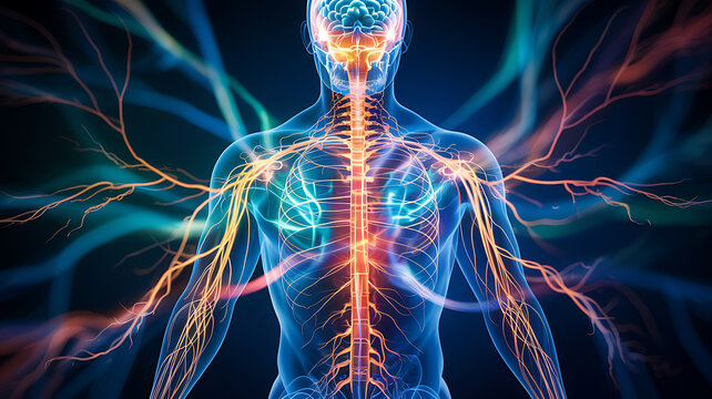 Nervous system and energy flow through human body anatomy visualization