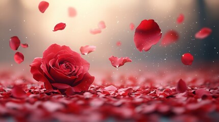 Obraz premium A single bloom and many petals scattered around a soft light background